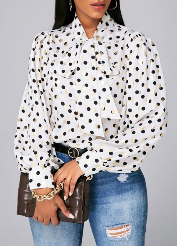 Blouse à pois avec détail nœud et manches lanterne - Image 4