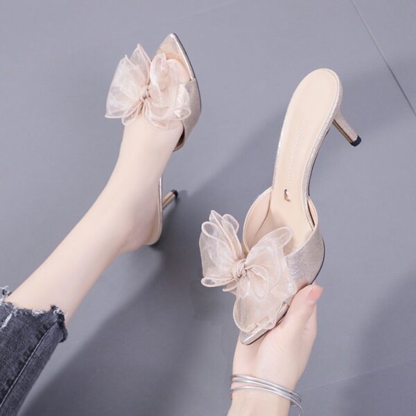 Chaussures femme talons aiguilles fille douce Bowknot pantoufles mode bout ouvert bout ouvert nouvelles sandales d'été - Image 2