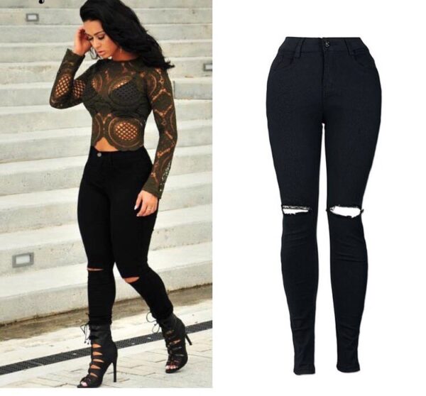 skinny déchiré jeans mode taille haute stretch noir blanc rue femmes jeans