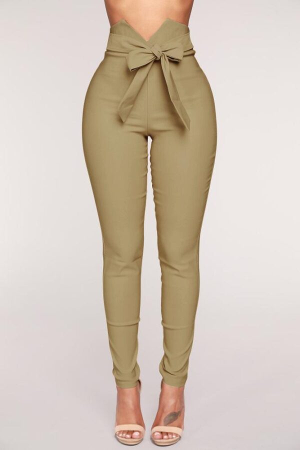 Femmes taille haute pantalon décontracté dames bowknot long mince pantalon skinny bandage élastique crayon pantalon avec ceintures - Image 4