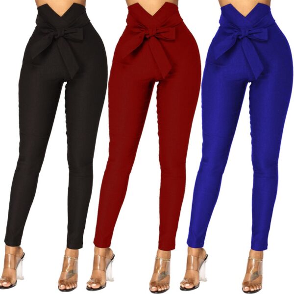 Femmes taille haute pantalon décontracté dames bowknot long mince pantalon skinny bandage élastique crayon pantalon avec ceintures - Image 6