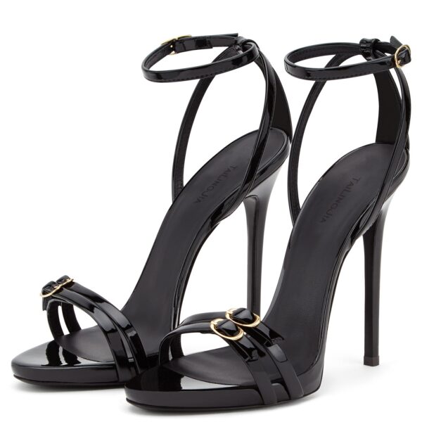 Robe de soirée talons Sexy dames fête chaussures à talons aiguilles grande taille femmes noir en cuir verni à lanières talon haut plate-forme sandales - Image 4