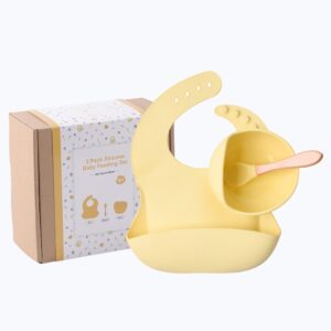 Lot de 3 produits pour bébé Fournitures de produits pour bébés Cuillère à bavette en silicone Ensemble d'alimentation de vaisselle incassable pour bébé