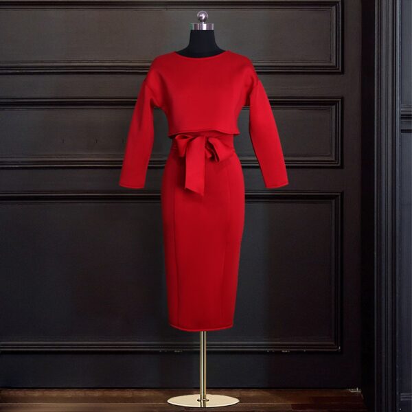 2021 rouge taille haute jupes demi manches ceintures bureau femmes deux pièces ensembles - Image 3