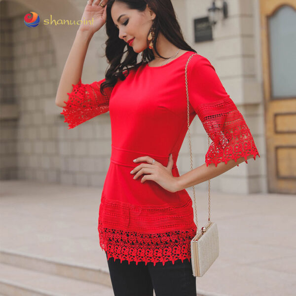 WINCHESTER chemise tunique à sequins à manches en dentelle rouge pour femme