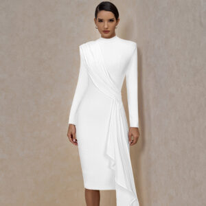 ZARA RT La Robe drapé blanc longueur au genou dames robes ajustées pour les femmes à manches longues formelle robe bandée