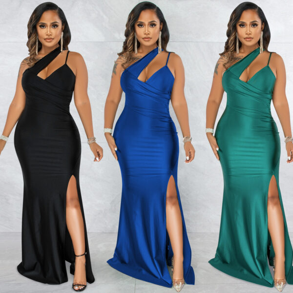Robe TRAILERS Solide Casual Fit et Flare Vacances Robes Pour Femmes Sexy Mode Longue Robe Fendue Irrégulière Une Épaule Sans Manches Maxi Robe