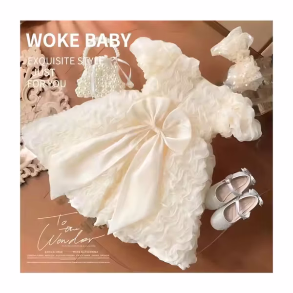 ROCKYS BABY, Robe en maille style princesse à manches bouffantes tricotée avec joli col boutonné pour petites filles