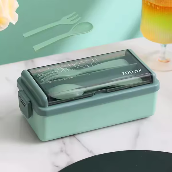 BIRD Boîte à lunch en plastique à double couche, boîte à lunch portable scellée au four à micro-ondes avec cuillère et fourchette - Image 4