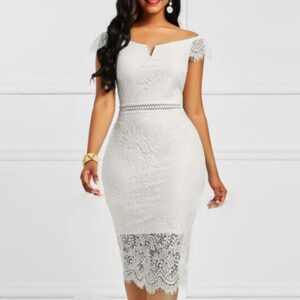 ROBE CLINGY, Robe élégante en dentelle moulante pour femme avec broderie à épaules dénudées