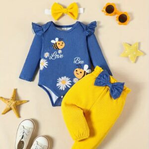 BABY PO, Barboteuse à manches longues pour filles Pantalon imprimé mignon pour enfants Bandeau imprimé