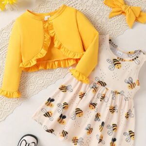 CHASE,Robe à manches volantes et épaules dénudées, motif petite abeille, robe exquise avec nœud, robe quotidienne pour petite fille