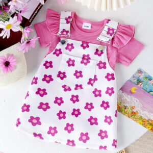 KURT, Vêtements à manches courtes couleur rose tricot barboteuse robe à bretelles florale deux pièces vêtements pour bébé filles ensemble
