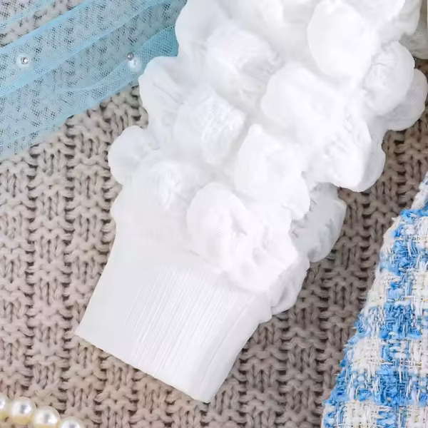 Ensemble bébé décontracté - Haut brodé à carreaux bleu ciel blanc de style uni avec manches à bulles et jupe boutonnée - Image 5